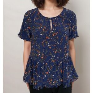 Madewell Silk Blouse‎ Top Women Sz XS Blue Floral Cottage Ruffle Hem Dainty